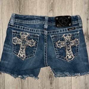 Miss Me • Embellished Cross Design Shorts Frayed Hem Size 28